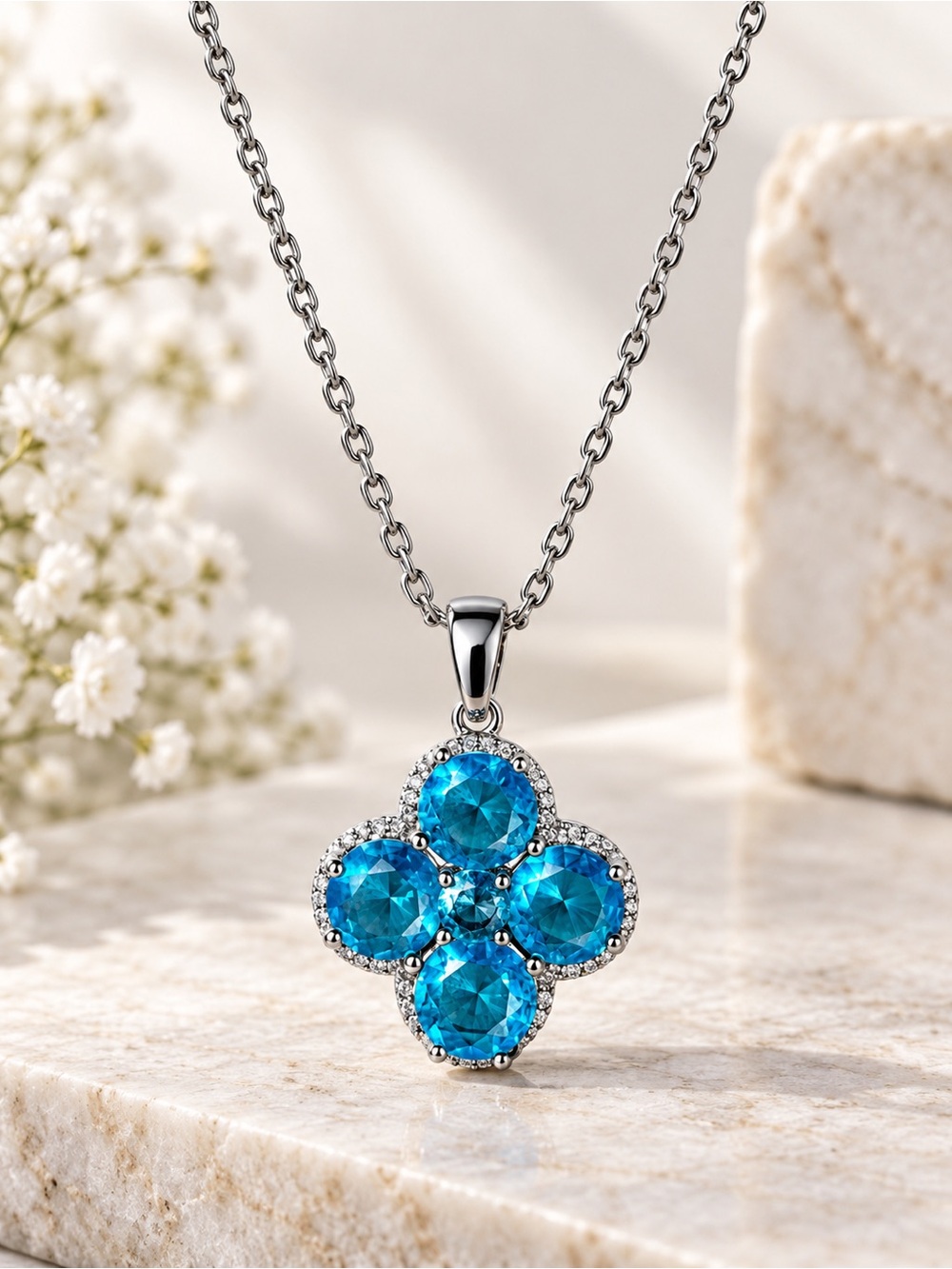 Silver Tone Blue Crystal Clover Flower Pendant Necklace Boho Statement Jewelry
